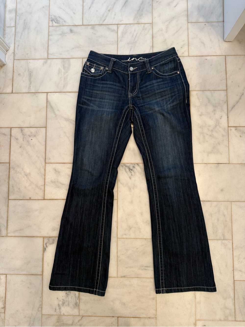 Contrast stitch jeans—boot cut, lightly distressed, dark-wash (INC petite)